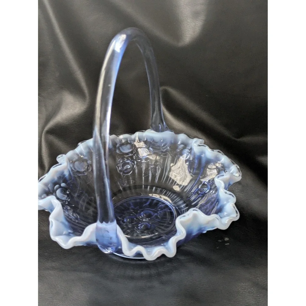Fenton Glass Bride Basket Raffled Lavender Blue Opalescent Cabbage Rose 7.5 Inch
